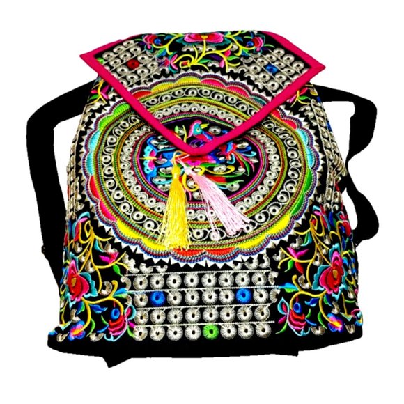 Embroidery Black Backpack Red Blue Boho Geometric Shapes FloralBird Shoulder Bag - Picture 6 of 12